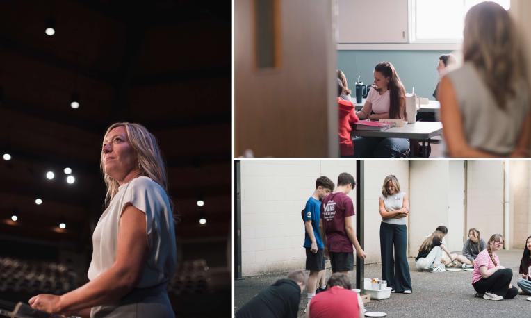 Sara Kraushar in an auditorium, alongside classroom scenes of students learning and participating in group activities.