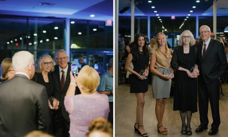 Collage of Darwin and Darlis Anderson at TWU’s Alumni Awards Dinner, including a photo with fellow award recipients.