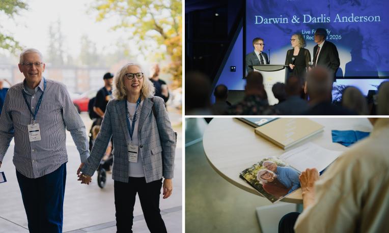 Collage of Darwin and Darlis Anderson returning to Trinity Western University, including walking together on campus, receiving the 2026 Live Faithfully Award, and visiting a campus monument.