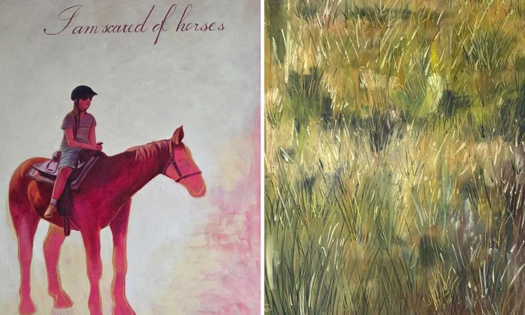 Two artworks displayed side by side: a stylized painting of a person riding a pink-red horse beneath the words “I am scared of horses,” and an abstract green-and-brown pastel work resembling tall grass.