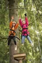 two people doing a high ropes course together