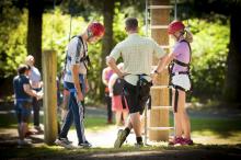 people doing a high ropes course together