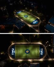 Nighttime aerial photo of new TWU sports field