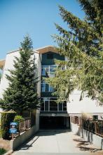 Exterior entrance to Robson Hall surrounded by evergreen trees.