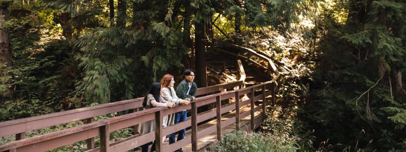 Students on bridge in back forty (back 40).