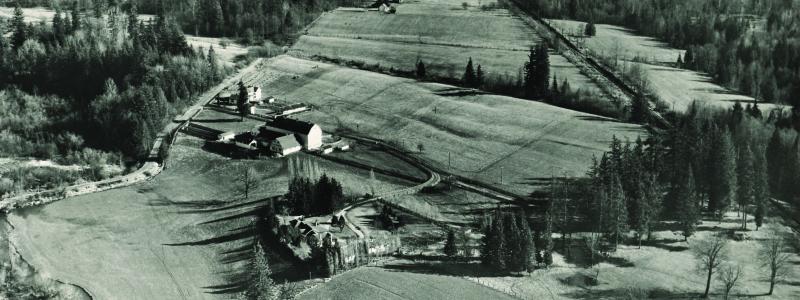 Old black and white photo of TWU campus when it was still a farm.