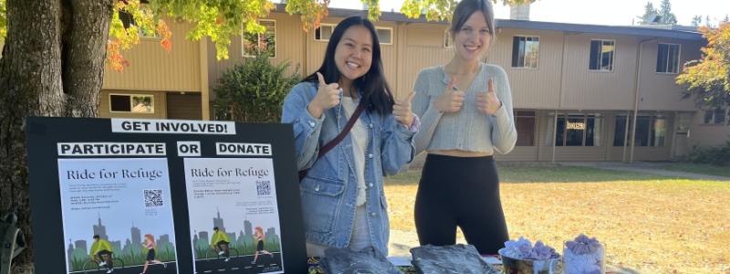Global Engagement Intern Thidarat Phoosit (left) is leading a Ride for Refuge fundraising initiative to support refugee families in Canada.