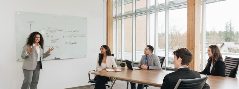 business students in classroom listening to professor teach