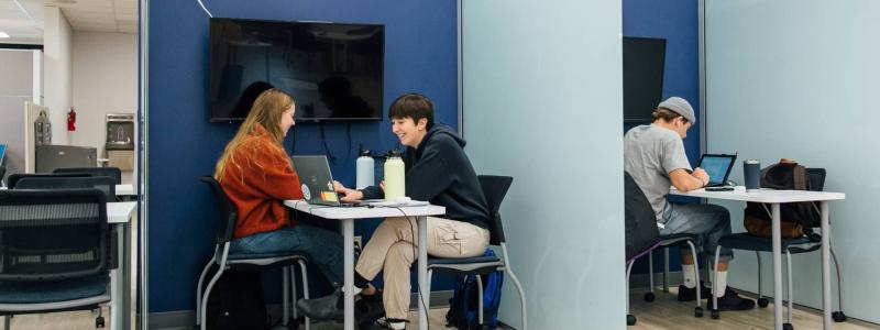 students working in library study rooms