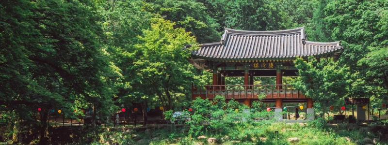 A traditional Korean pavilion with a dark-tiled roof and wooden pillars stands by a tranquil pond, surrounded by lush green trees. The water reflects the pavilion and the surrounding foliage, creating a mirror-like effect. In the background, a towering mountain covered in dense vegetation rises under a partly cloudy sky. Small colorful lanterns hang along a wooden fence, adding a festive touch to the serene natural setting.