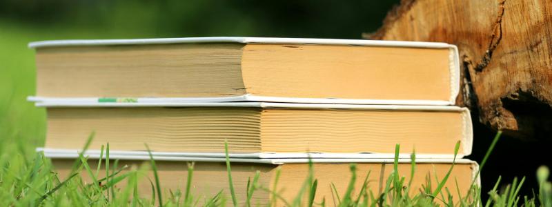 A stack of books on a lawn