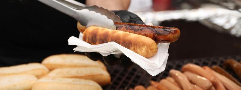 a hand holding a hotdog in a napkin