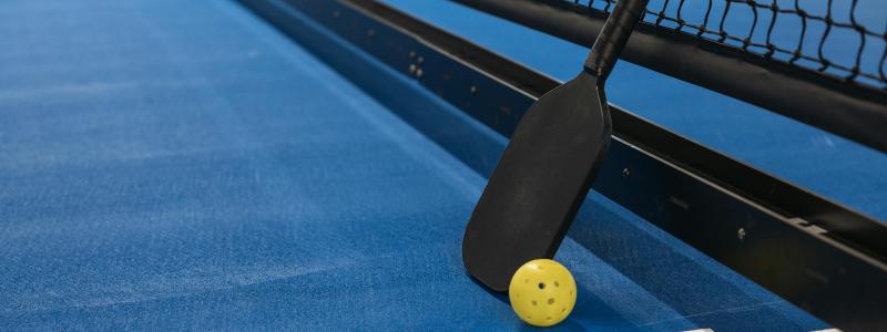 A pickleball paddle and net.