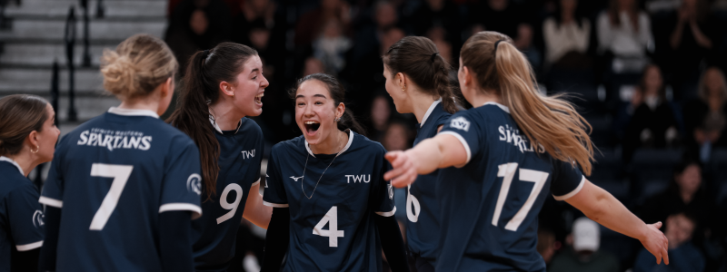  TWU Spartans volleyball players huddle joyfully in blue jerseys.