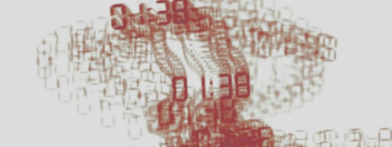 Red digital numbers form abstract shapes on a light gray background.