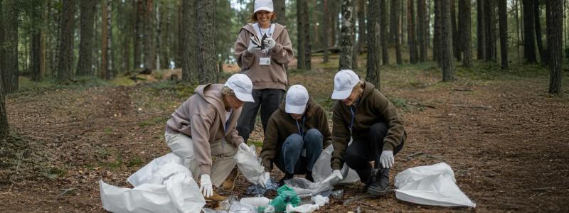 Volunteers in a forest, picking up litter with white bags.