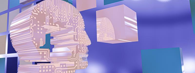 Digital head silhouette with circuit design, surrounded by floating squares on a purple background.