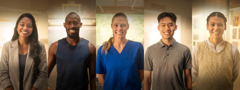 Five people standing together, smiling, diverse professions shown.