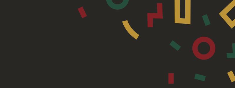 Graphic black background and red, green, yellow geometric shapes floating in from the corner