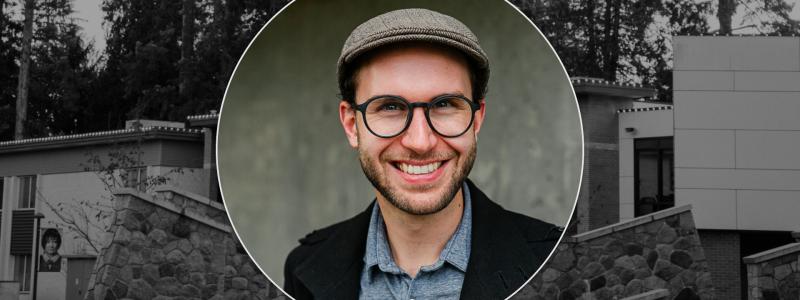 graphic of Caleb Wollf's headshot in front of outdoor chapel photo
