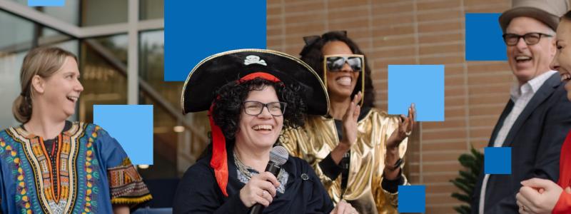 graphic of photo of people with blue squares around them