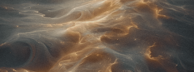 A flowing, cloud‑like formation of soft golden light ripples across a dark blue cosmic background, resembling waves made of luminous mist.