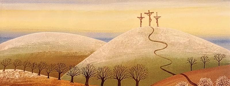 painting of three crosses on a hill with a path leading from it