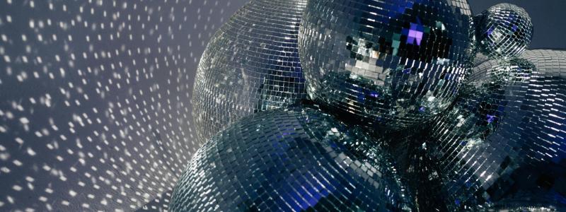 stack of disco balls in a room