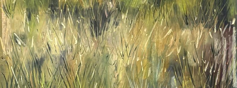 Abstract artwork in earthy green and brown tones with layered marks resembling tall grass and foliage.