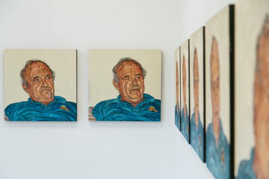 Different paintings of a man with different facial expressions