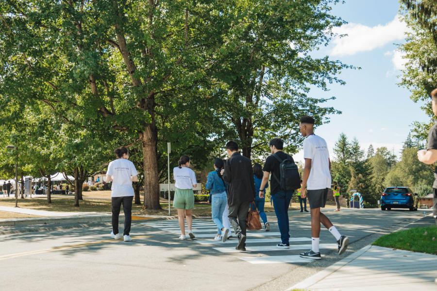 students walking on road