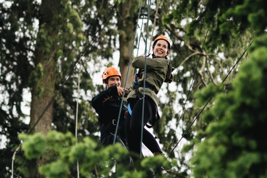 two people on high ropes in trees