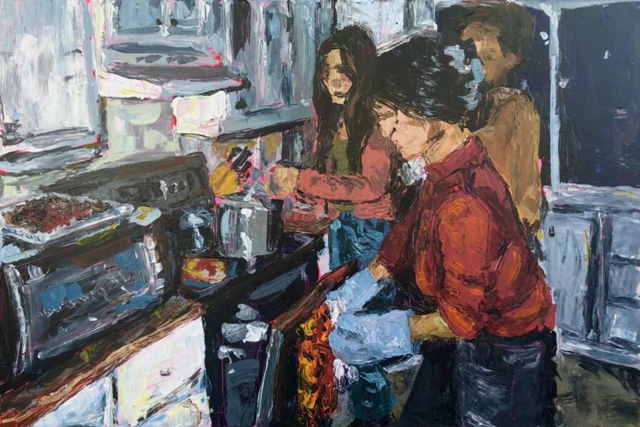 Artwork done by students in Art 221 showing some people doing dishes