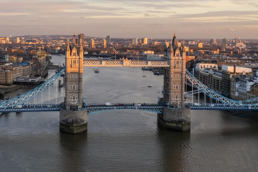 Aerial view of Tower Bridge spanning the River Thames in London.
