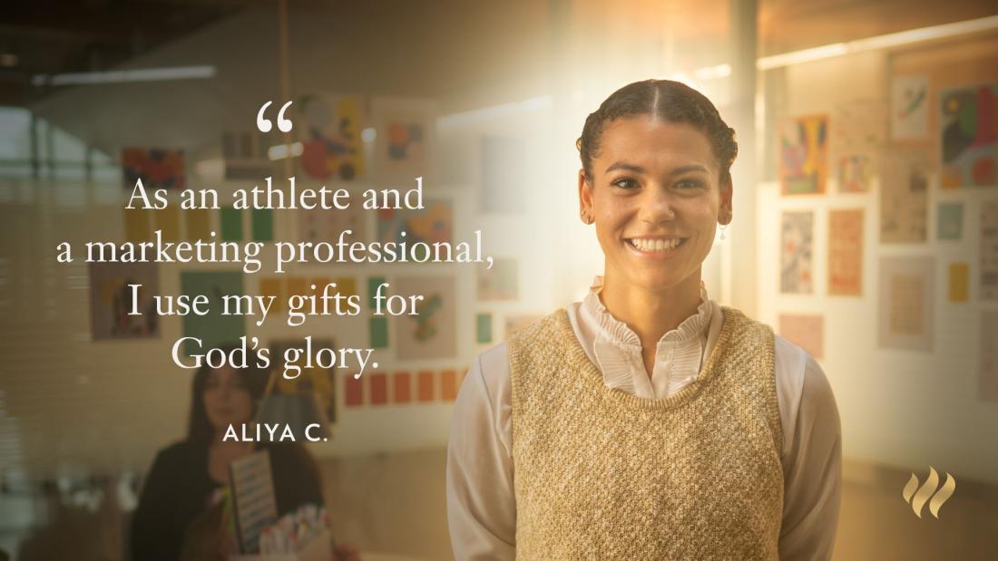 Aliya standing in a room with paintings smiling at a camera with a quote "As an athlete and a marketing professional, I use my gifts for God's glory"