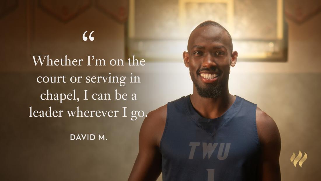 David standing in front of a light with text beside him that says "Whether I'm on the court or serving in chapel, I can be a leader wherever I go."