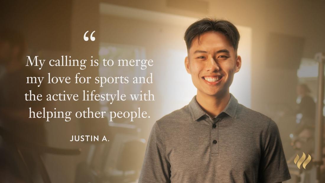 Justin standing in front of a light with the quote "My calling is to merge my love for sports and the active lifestyle with helping other people"