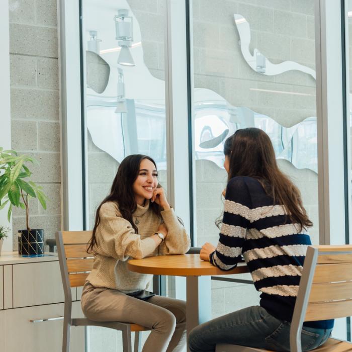 two people meeting at table and smiling