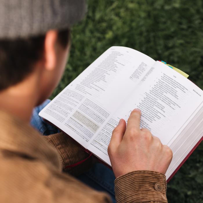 student reading bible on lawn