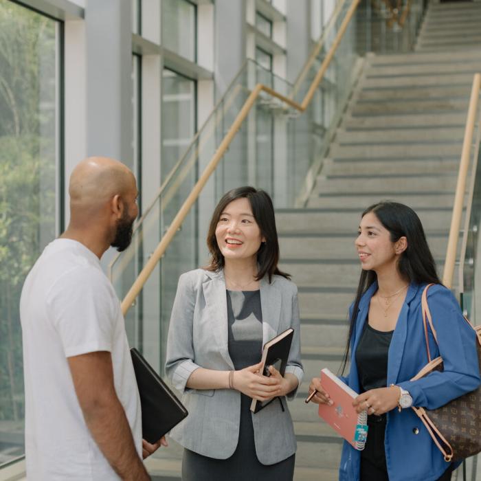 Three professionals talking