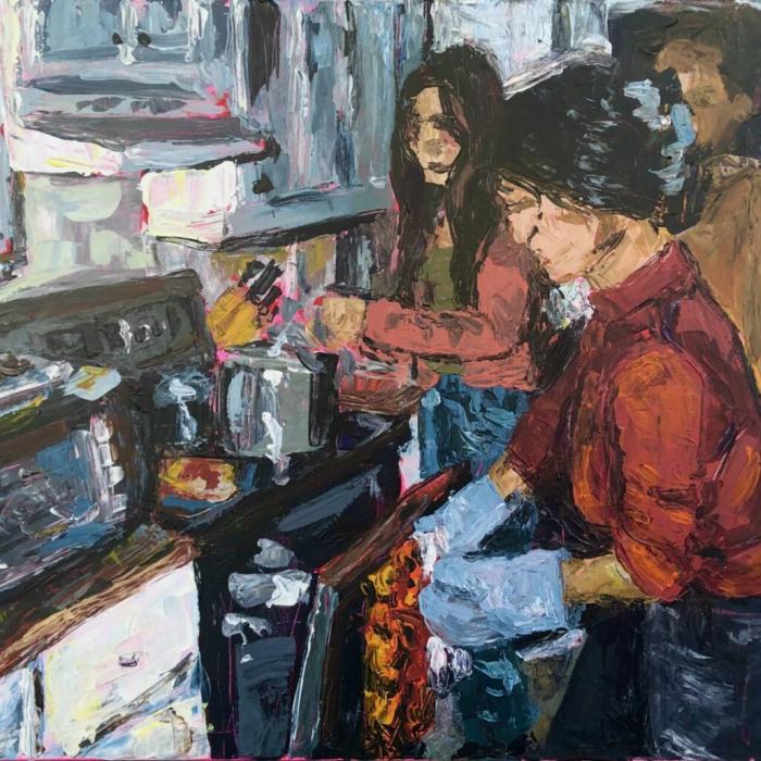 Artwork done by students in Art 221 showing some people doing dishes