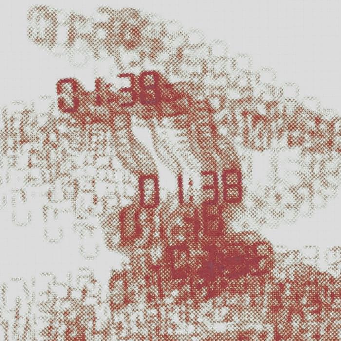 Red digital numbers form abstract shapes on a light gray background.