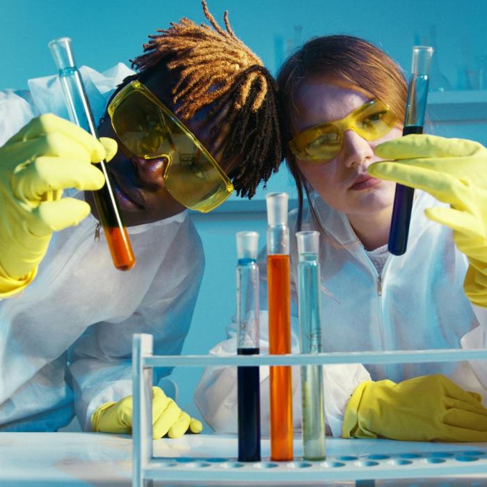 Two scientists in lab coats examine test tubes with serious expressions.