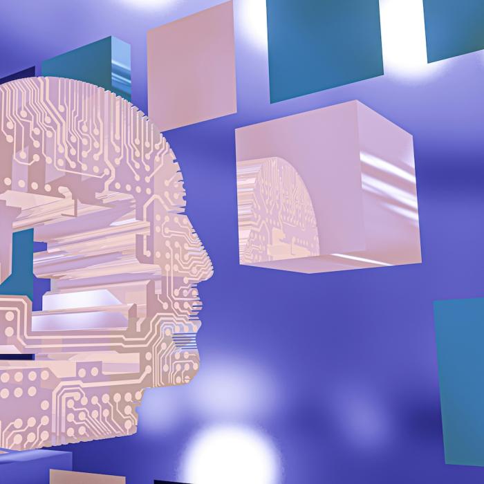 Digital head silhouette with circuit design, surrounded by floating squares on a purple background.