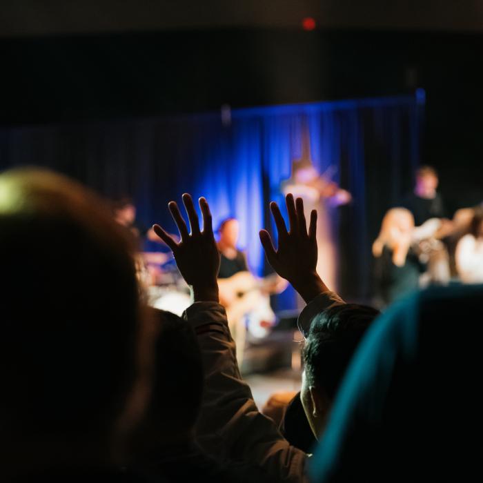 Concert audience with hands raised, spotlight on stage.
