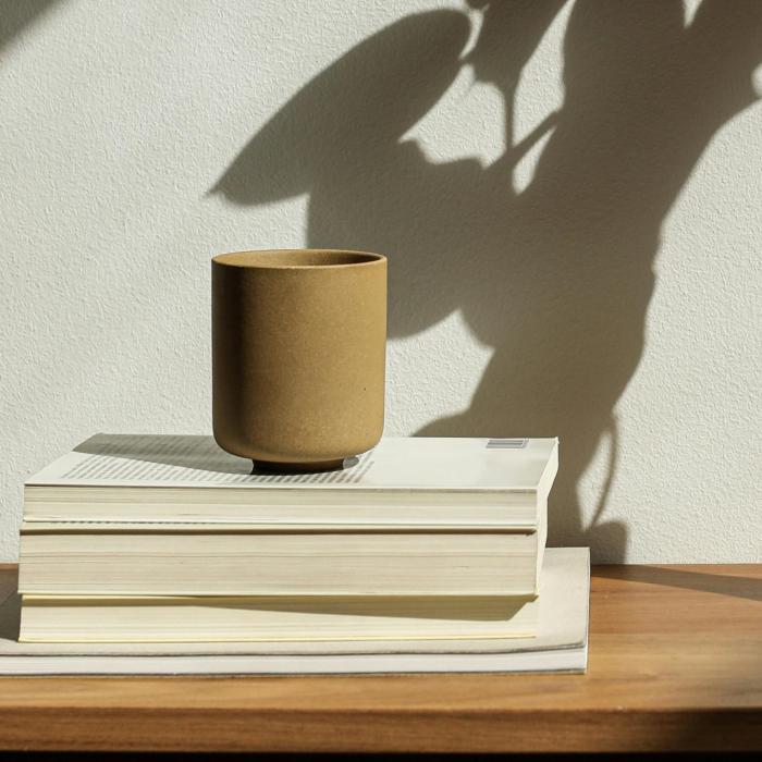 A brown cup sits on a stack of books next to a vase of purple plants.