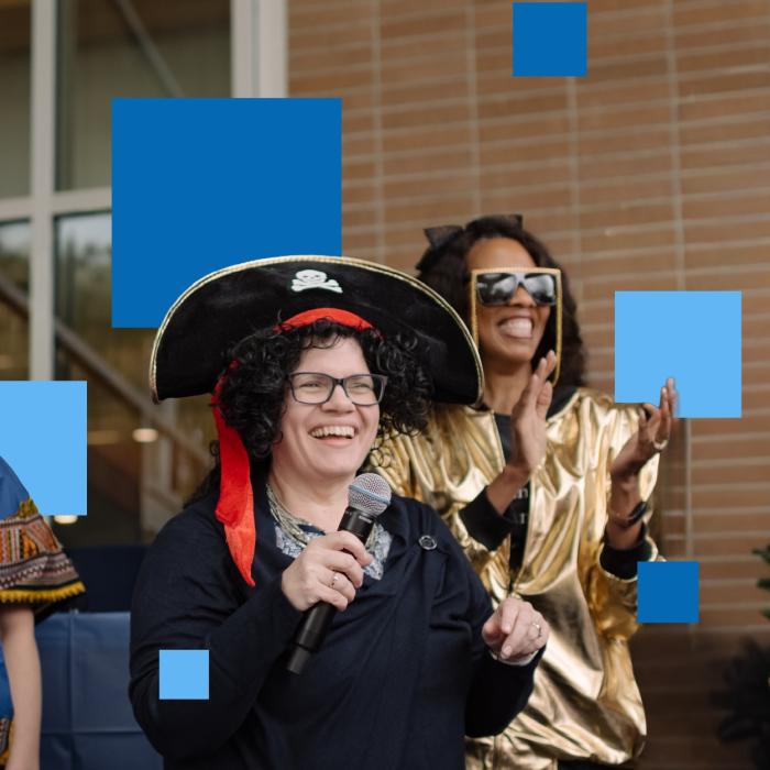 graphic of photo of people with blue squares around them