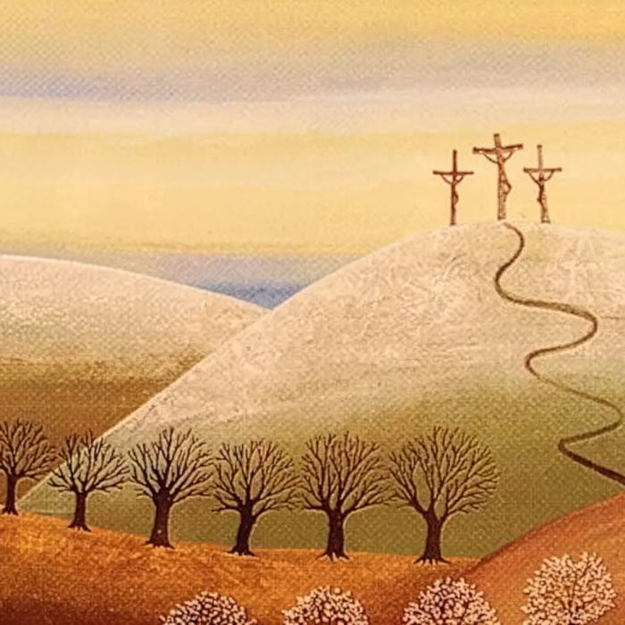 painting of three crosses on a hill with a path leading from it