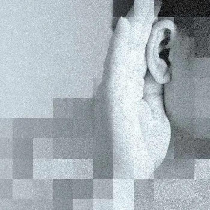 hand held up to ear with pixelated effect