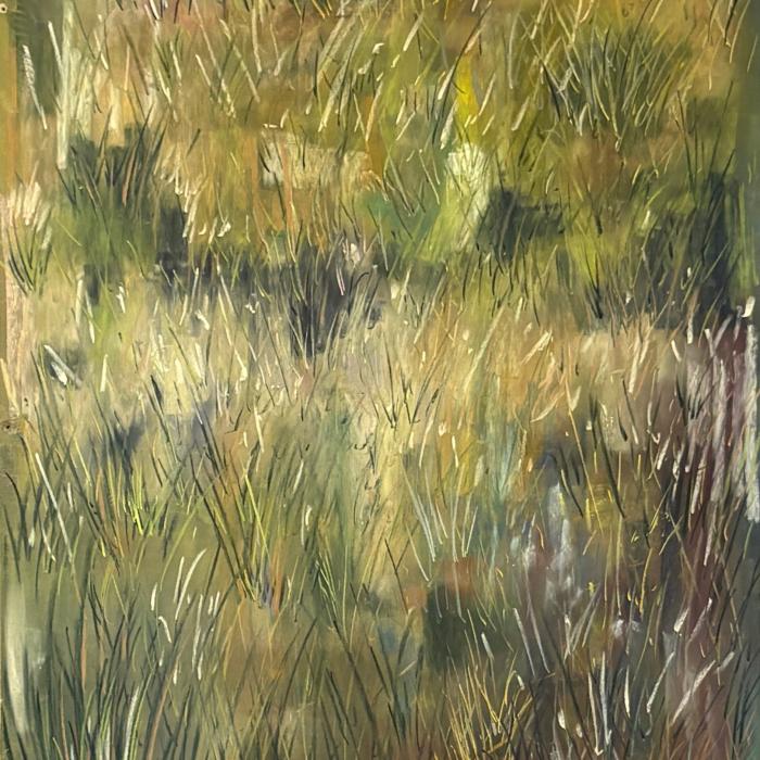 Abstract artwork in earthy green and brown tones with layered marks resembling tall grass and foliage.